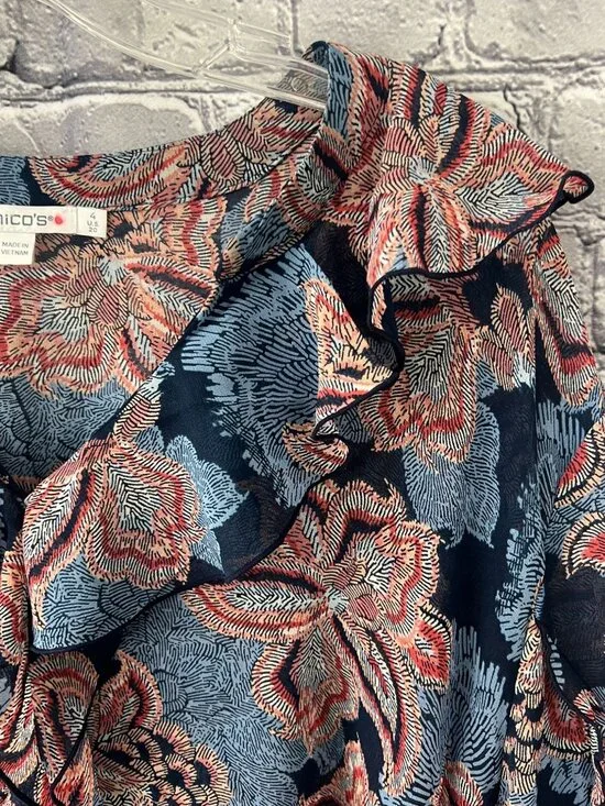 Chico’s NWT Size 4 US 20 Blue Floral Ruffle Front Blouse Long Sleeve Boho Top - Picture 4 of 12